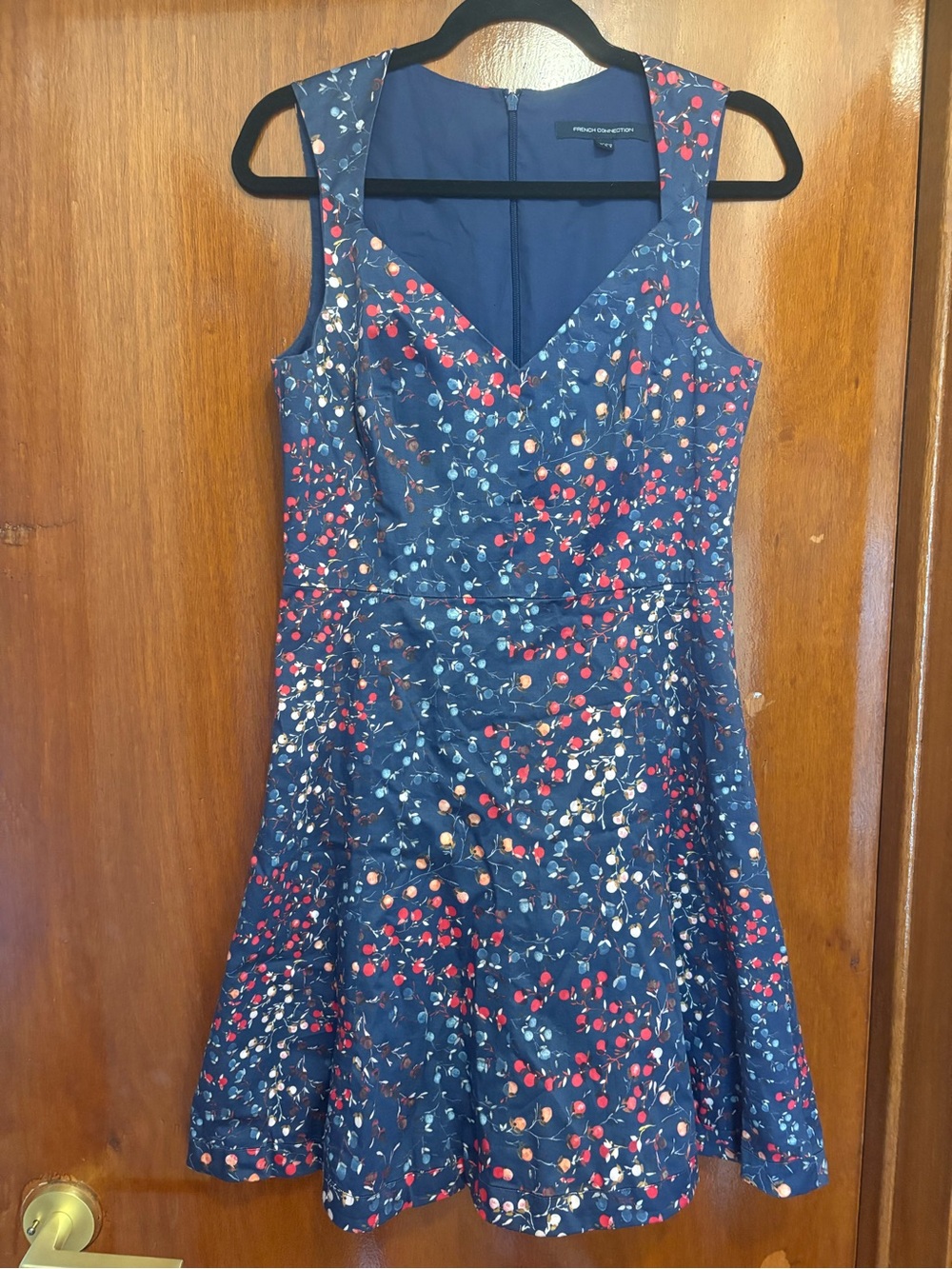 French Connection Navy Floral Fit & Flare Dress with Red and Cream Accents